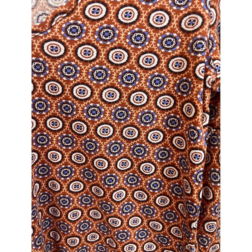 LOFT Womens XS Brown Blue Geometric Medallion V-Neck Long Sleeve Cotton Top
